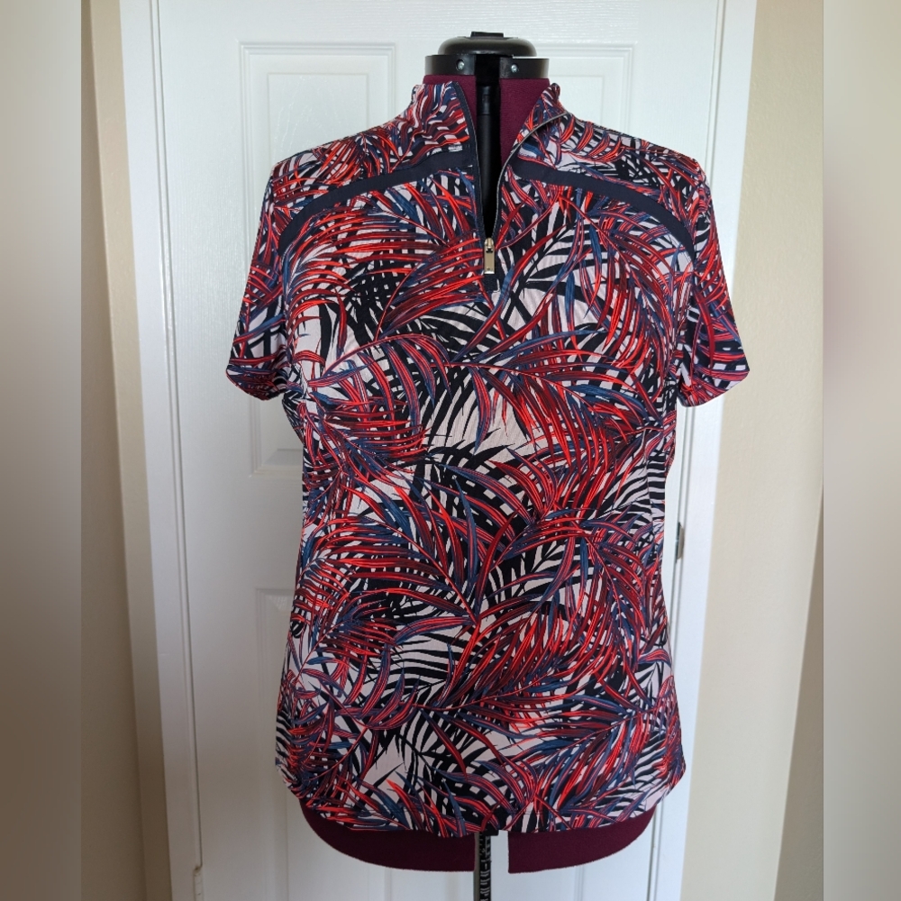 Women’s TAIL Short Sleeve Zip-Front Leaf Print Golf Top Sz XXL